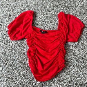 Red puff sleeve top with rouching
